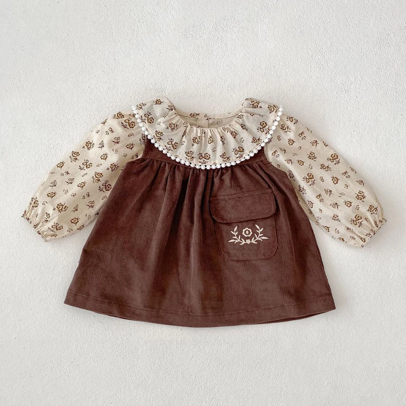 Autumn new 0-3 year old baby set baby girl ruffle collar floral long sleeved top+corduroy shoulder strap skirt