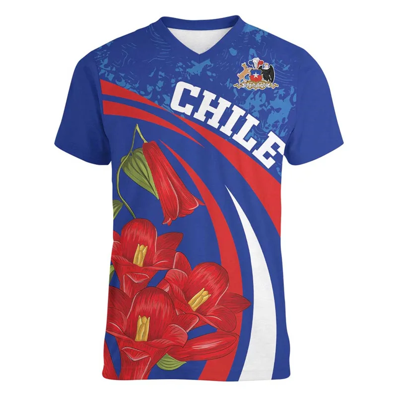 

Chile National Emblem Football T Shirt For Men 3d Printed Chile Independence Day T-shirt Tops Short Sleeve Summer V Neck Tees