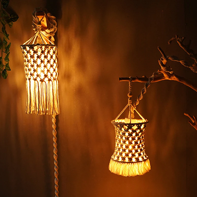 Bohemian Hand-Woven Lampshade Cotton Rope Chandelier Decorative Light Shade Woven Light Cover Home Decor Living Room Bedroom