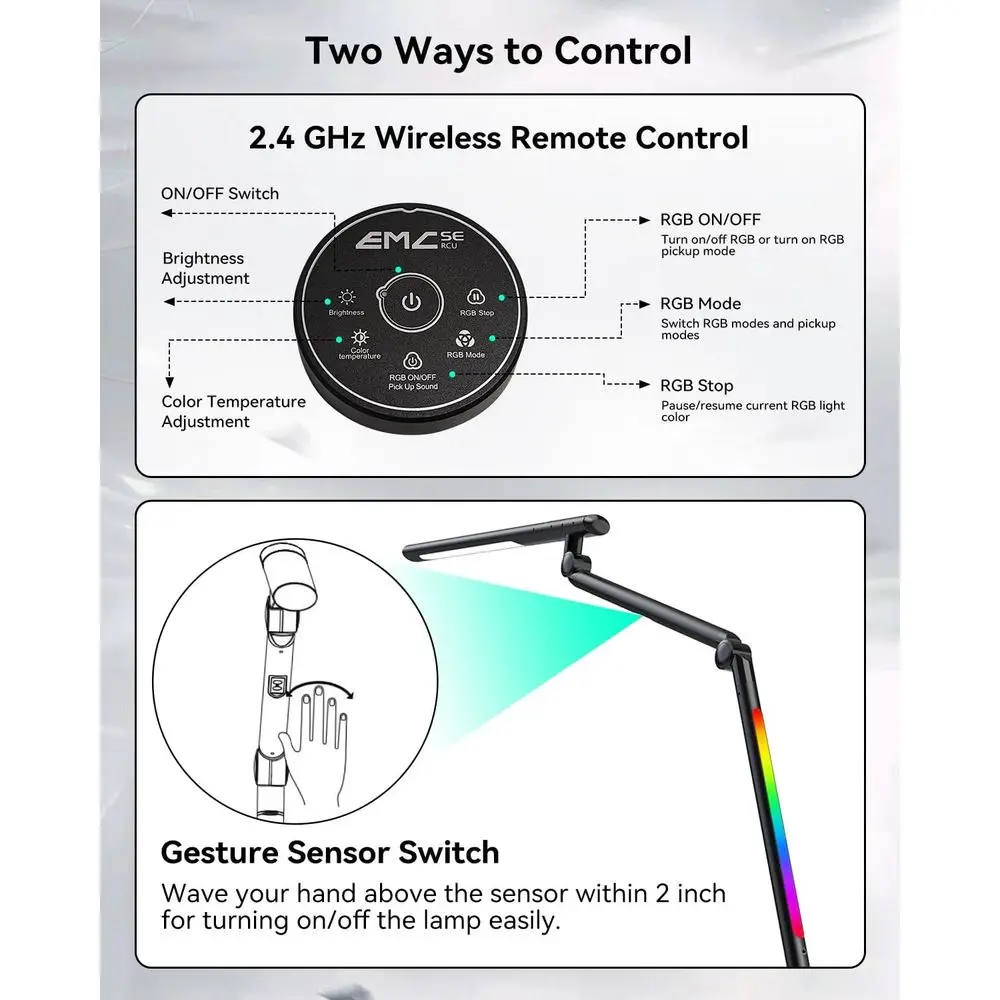 Flexible Clamp LED Desk Lamp, 18W with Dual RGB Lighting, 3-Section Arm, Remote & Sensor, Stepless Dimming, 4 Modes & 5 Brightne