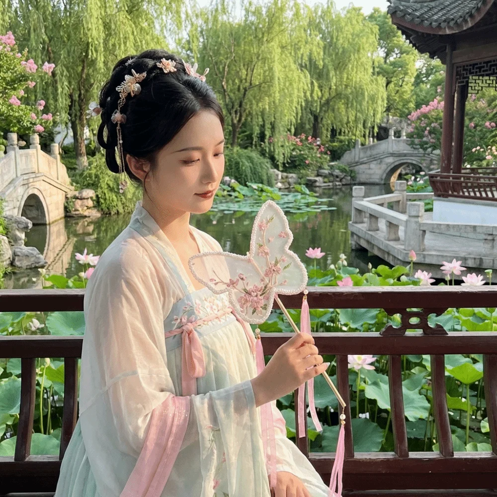 

Vintage Handheld Chinese Style Fan Decorative Long Handle Embroidery Fan with Tassels Hanfu Fan Home Decoration