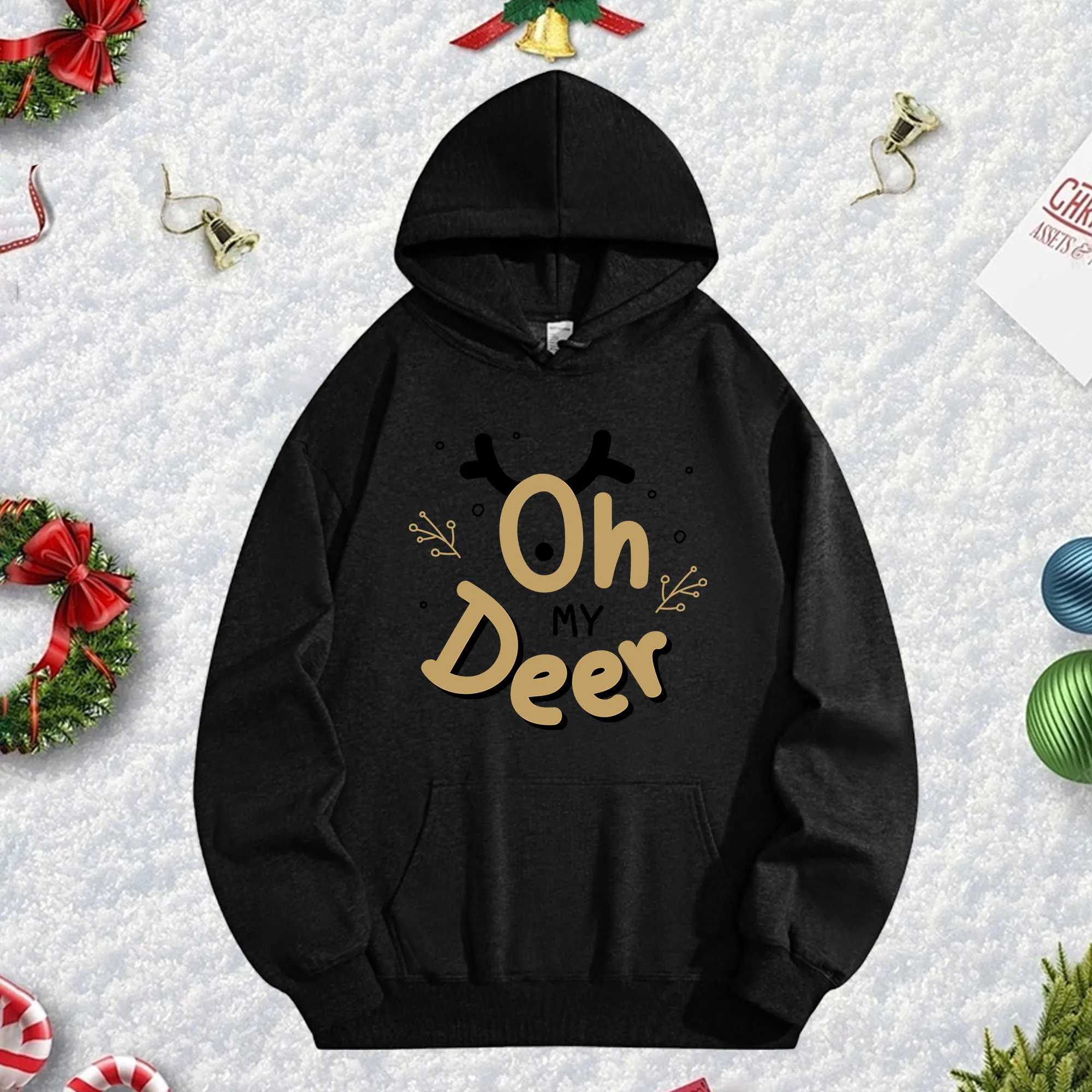 OH My Deer 270G Black Unisex Hoodie, Soft Fleece Winter Pullover for Christmas Season & New Year Holiday Style