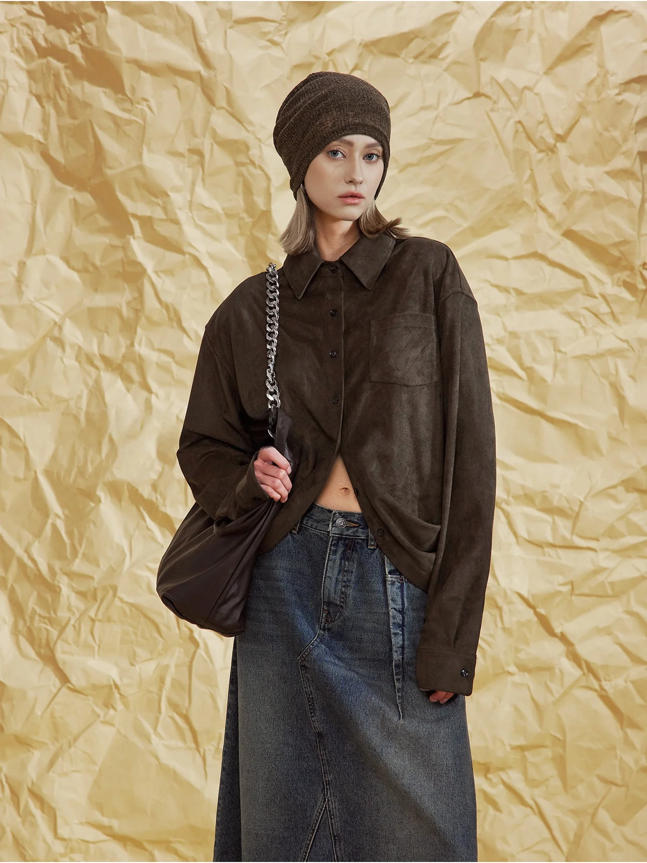 

Замшевая рубашка с закругленным подолом, легкая, повседневная, от Xieka Chi, с длинным рукавом, из полиэфирного волокна, приятная для кожи, дышащая.