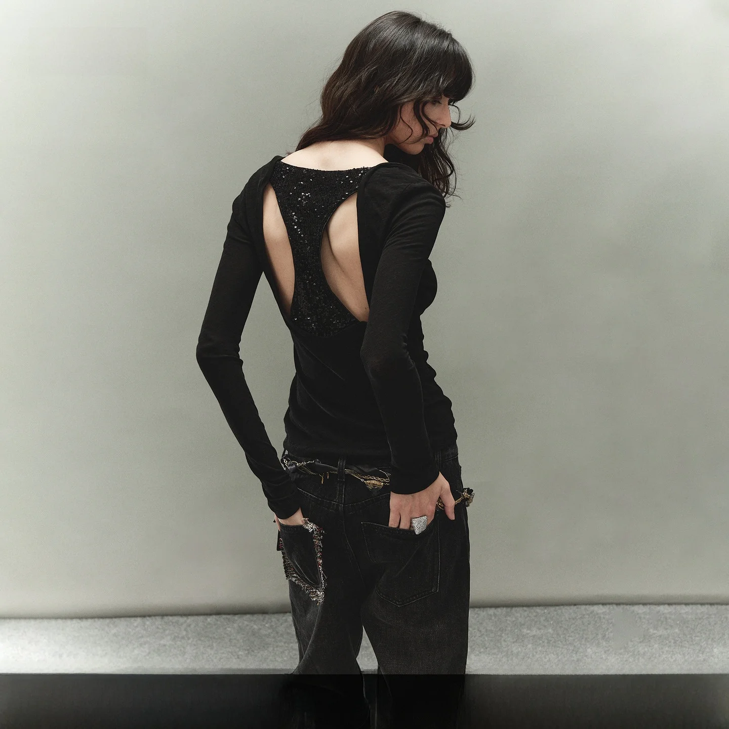 

PRRP Faionable Легкая универсальная футболка с пайетками Длинный свеч Bal Top Повседневный однотонный полиэтиленовый топ