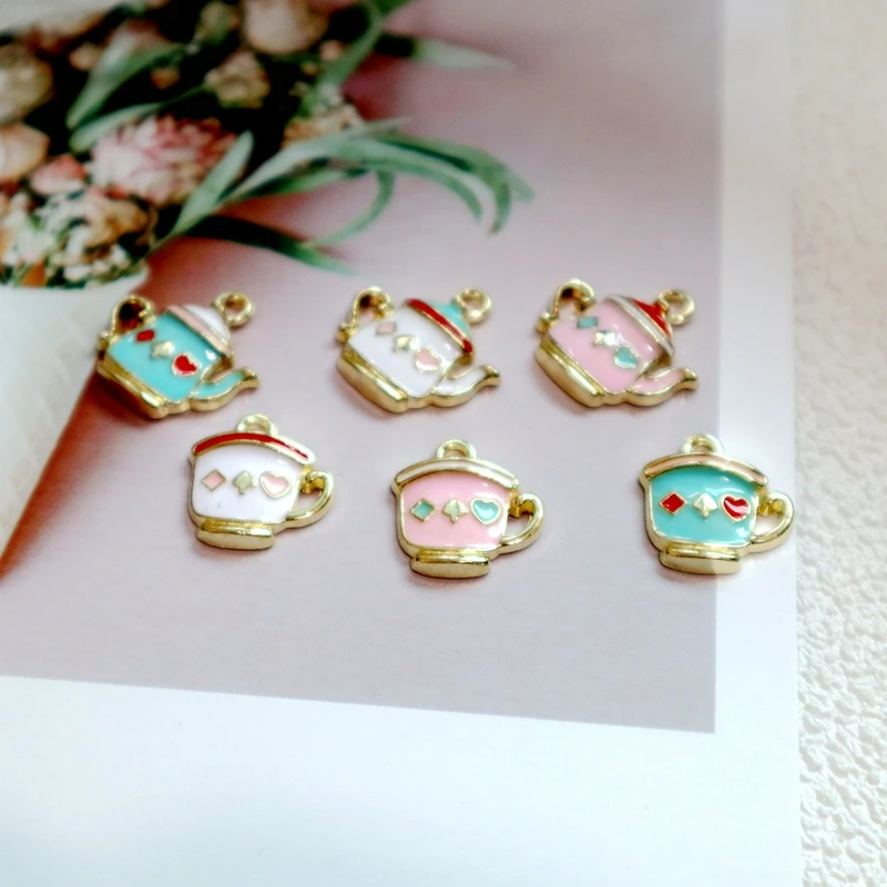 10PCS Colorful Tea Cup And Tea Pot Alloy Enamel Pendant Love Shiny Charm DIY Necklace Bracelet Earring Keychain Accessories