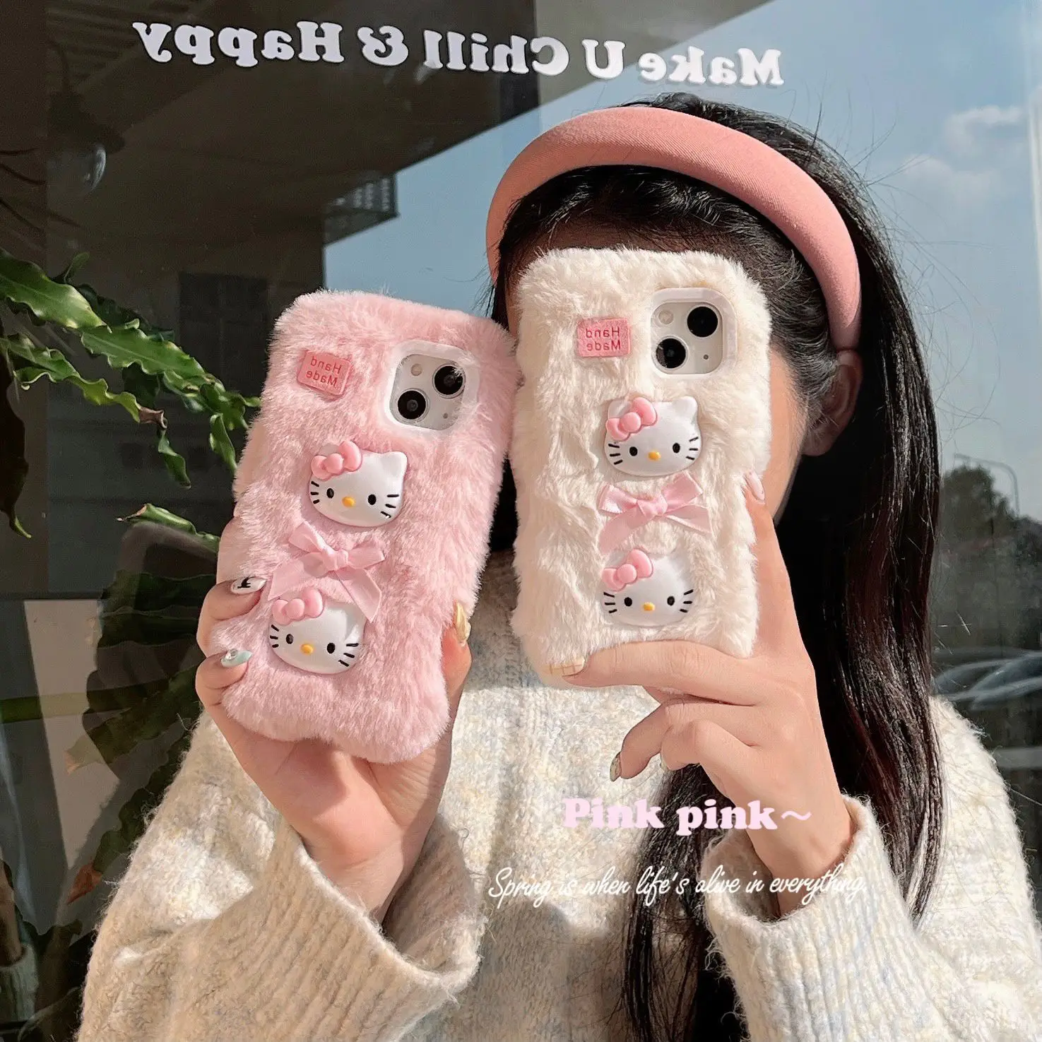 Cute Pink Bow plush Hello Kitty Sanrio Phone Soft Case for IPhone11 12 13 14 15Pro Max Soft Protective Cover Kawaii girl Gift