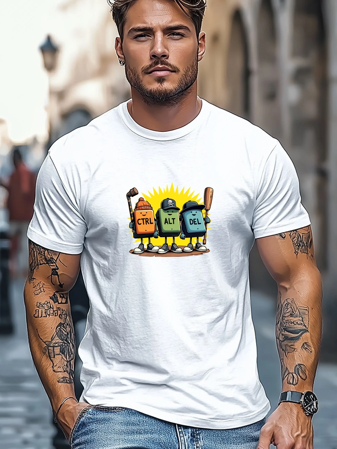 Plus-Size Men's T-Shirt, Comfortable and Versatile, Simple and Stylish, Men's Cartoon Ctrl, Alt, Del Key Pattern Summer Casual Round-Neck Short-Sleeve T-Shirt