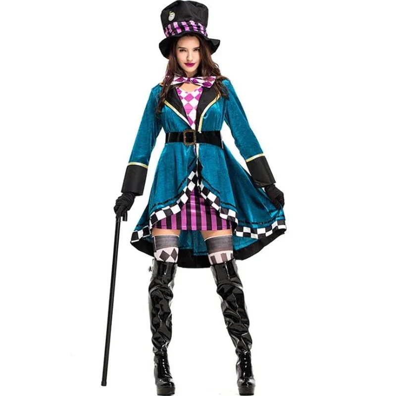 Clown Mad Hatter Costume For Adults Women Fantasias Sexy Magician Cosplay Halloween Carnival Magic Dress