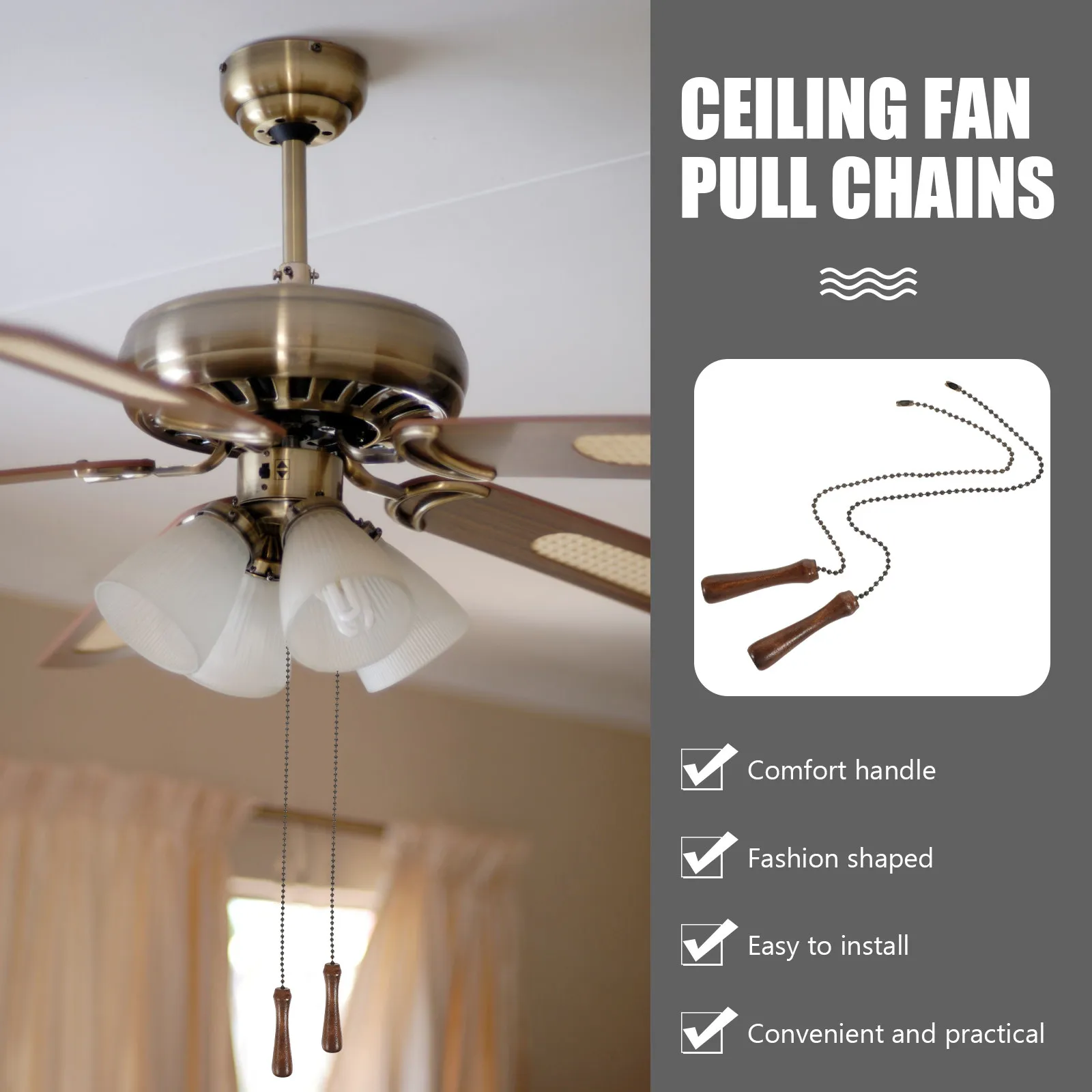 2Pcs Wooden Ceiling Fan Pull Chains Bronze Finish Light Hanging Pendant Chandelier Ornament for Fan Lamp Window Doorway Shop