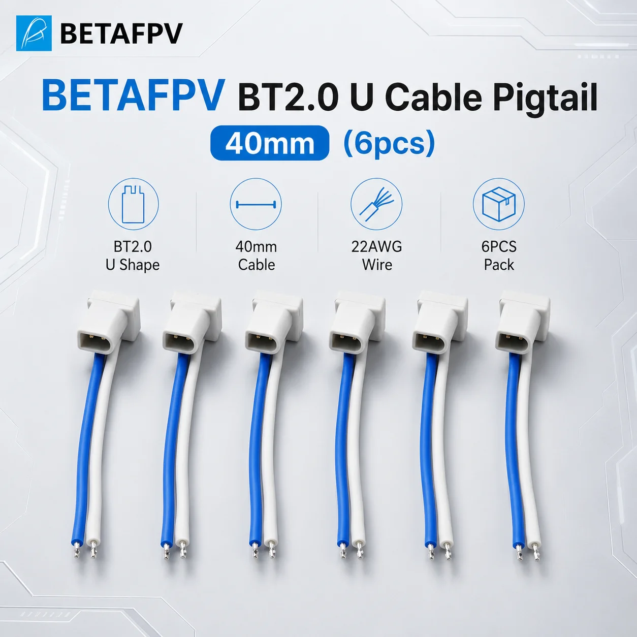 BETAFPV BT2.0 Male Connector Cable 6PCS 40mm 22AWG 180 Degree U Shape Battery Pigtail For 1S LiPo LiHV Micro Whoop FPV Accessory