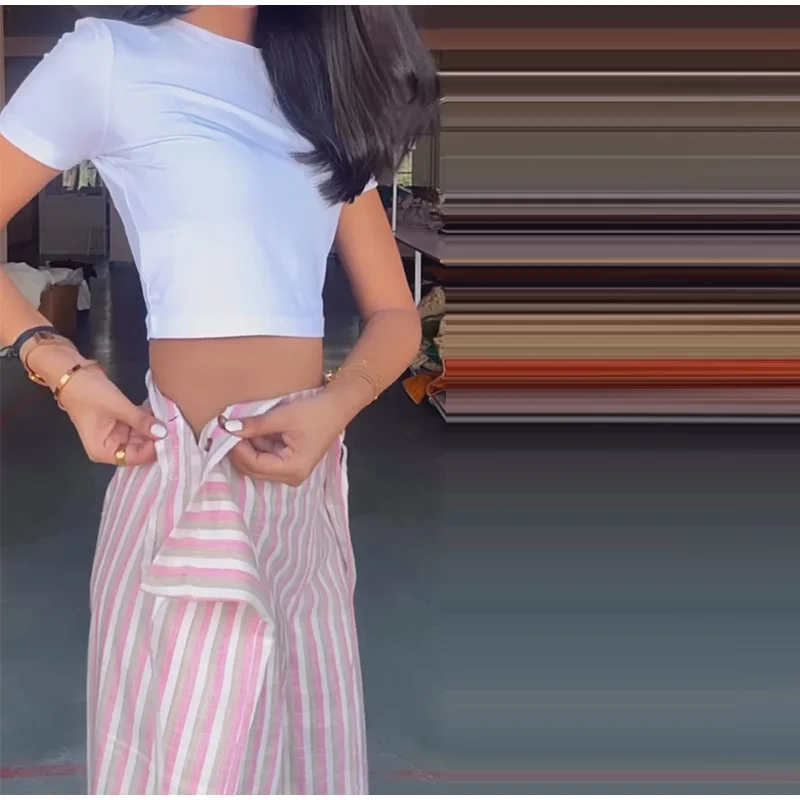 Casual Striped Women's Trouser Lace-Up Adjust Belt High Waist Wide Leg Pants 2026 Summer Autumn Fashion Female Street Trousers