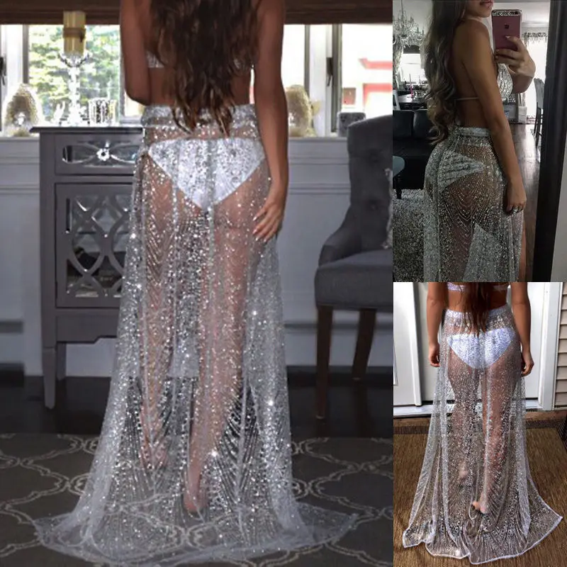 Summer New Women's Sequin Decor Sheer Maxi Skirt High Waist Slim Fit Elegant Comfort Casual Daily Wear Commute Trendy Long Skirt