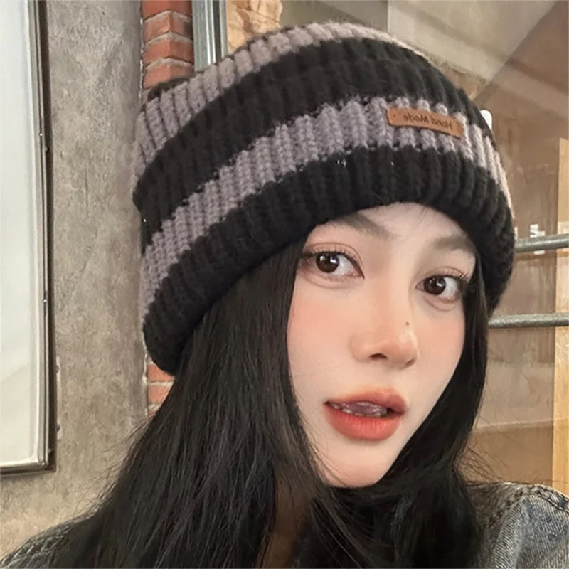 1PC New Winter Warm Hats For Women Casual Stacking Knitted Bonnet Caps Men Hats Stripe Hip Hop Unisex Female Beanies