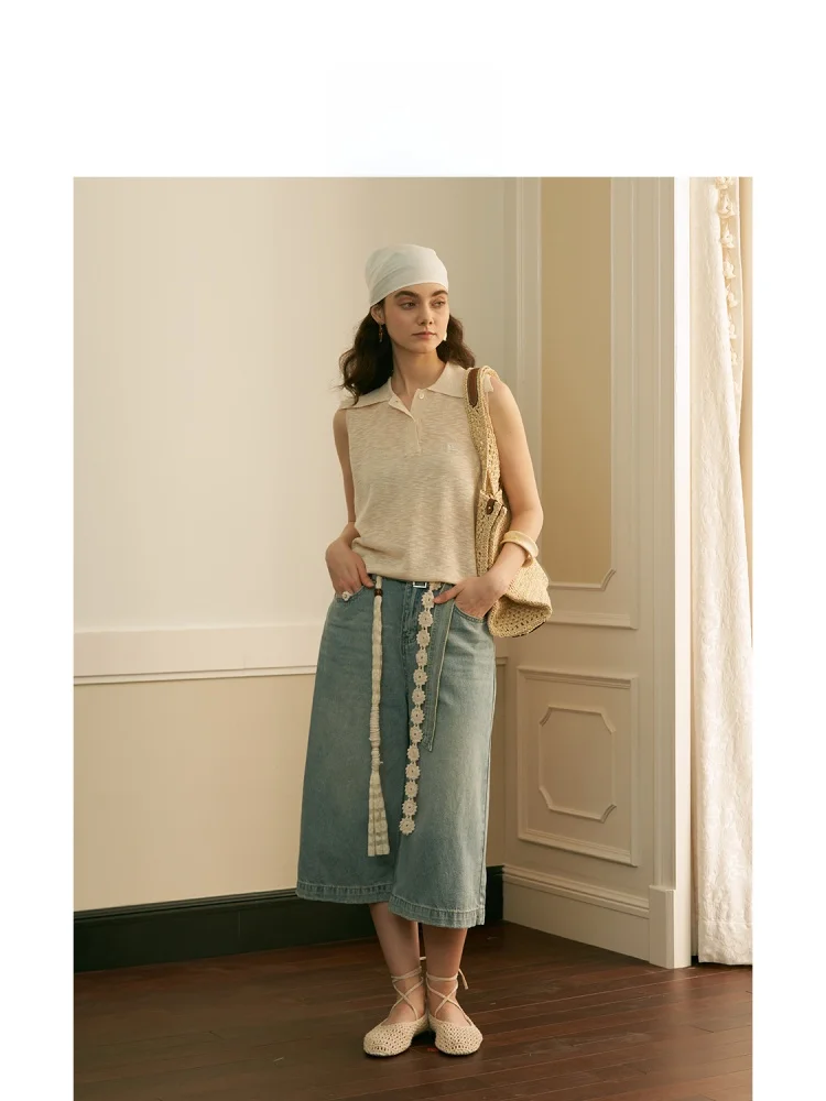 Soft Knitted Svel Embroidered Vest Loose Large Collar  irt Women's Casual Faion Summer Top Chinese Brand oll