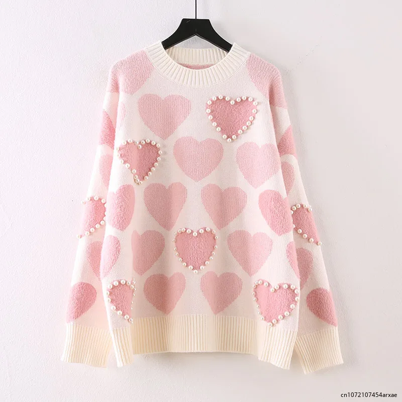 

2024 sweet preppy style sweater autumn winter clothes women fashion new pullovers knitted o-neck beading ladies tops loose