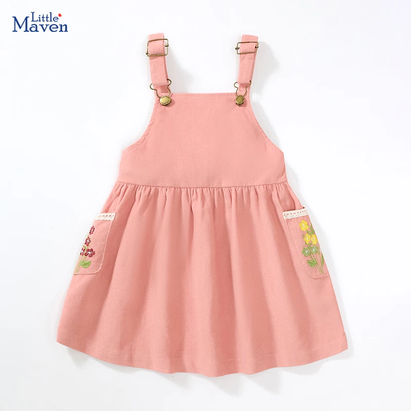 Little maven Autumn Children's Clothing kids Clothes Baby Girls Sleevesless Cartoon Strap Embroidery Flowers Corduroy Dresses