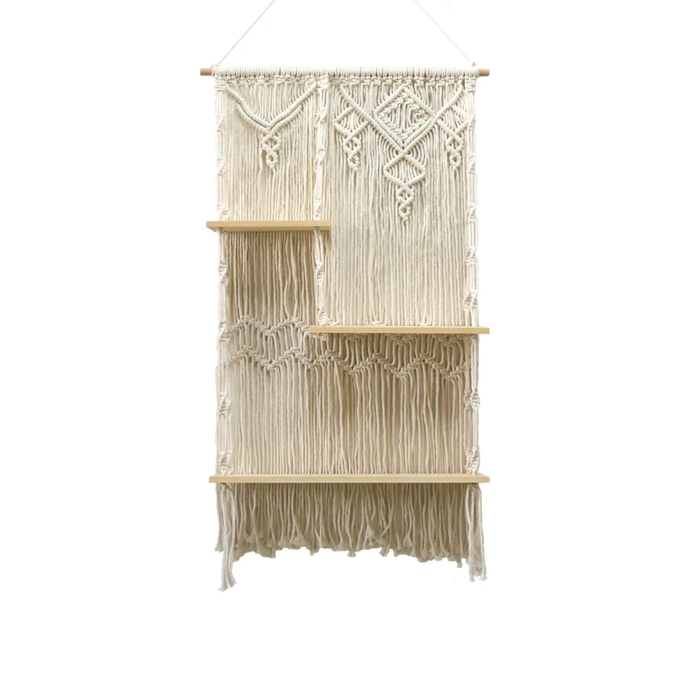 3 Tier Macrame Wall Hanging Shelf Decorative Bohemian Floating Plants Room Storage Shelving Macrame Rope For Home Storage