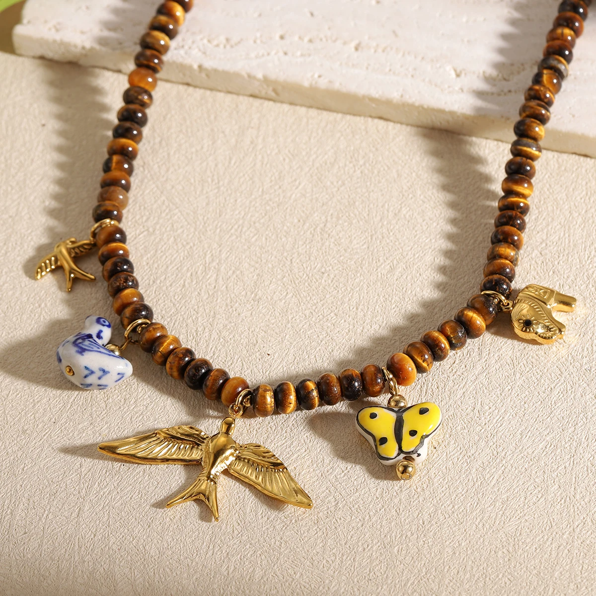 Vintage Multi Animal Charm Tiger Eye Bead Necklace Hand Painted Ceramic Butterfly Blue Porcelain Bird Pendant Gift view 5
