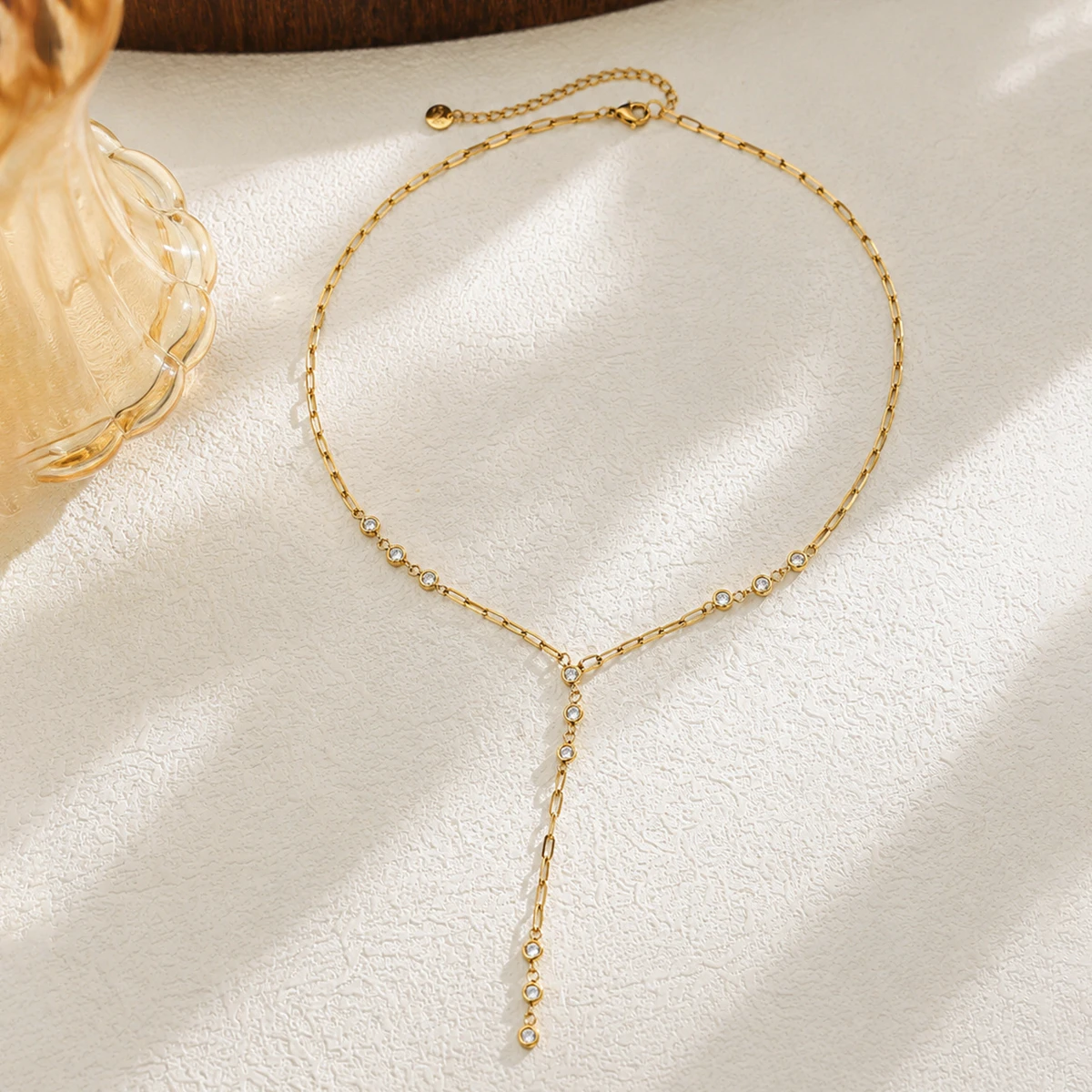 KunJoe Delicate Zircon Y Shape Pendant Necklace Women Fashion 18K Gold Plated Stainless Steel Clavicle Chain Waterproof Jewelry