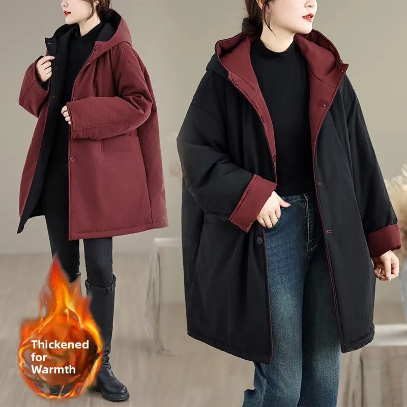 

Повседневное хлопковое джето большого размера, двустороннее пальто с капюшоном средней длины, длинное пальто свевого цвета для поездок на работу