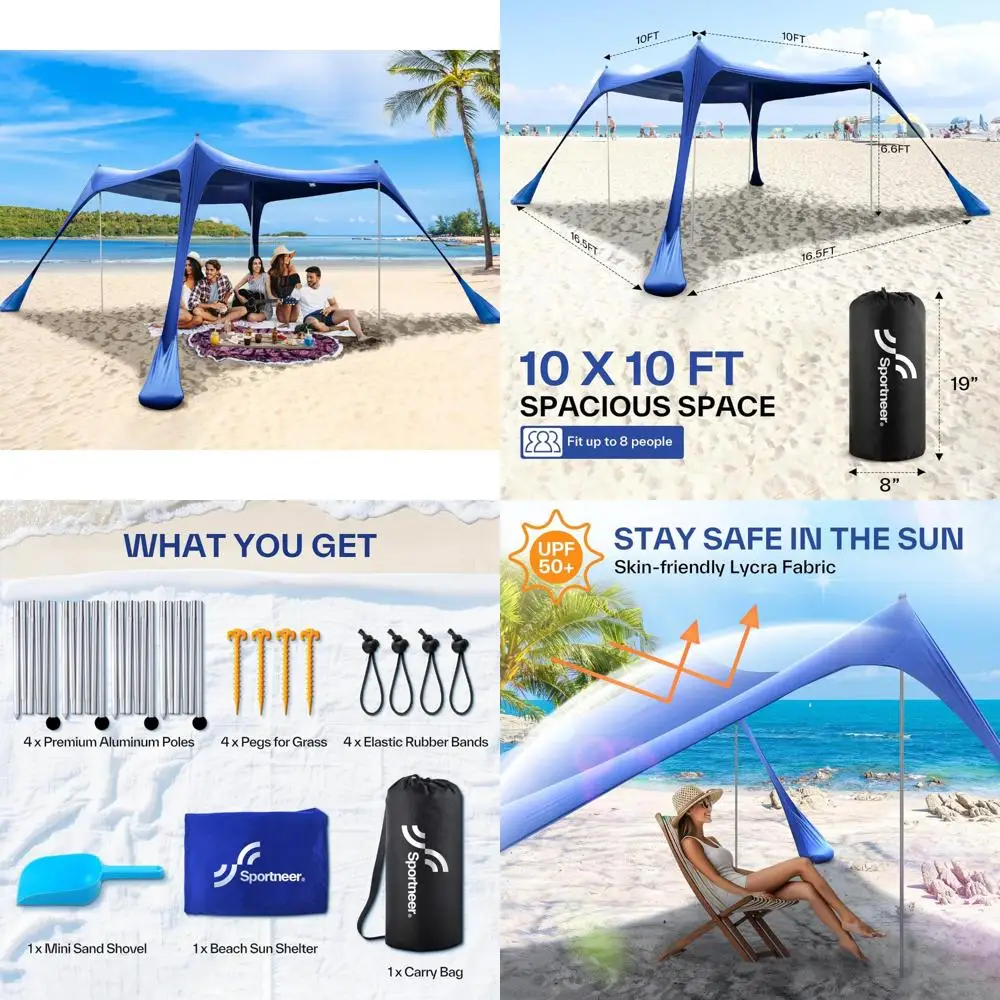 

Family-Sized 10x10ft Beach Sun Shelter with UPF50+ Protection, Sandbags, Shovels, Pegs, and Stability Poles for Outdoor Adventur