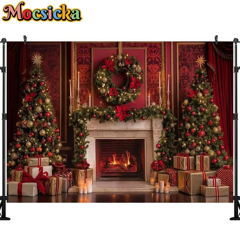 Mocsicka Photography Background Brick Wall Fireplace Wood Fire Flame Decor Baby Portrait Christmas Party Backdrop Photo Studio