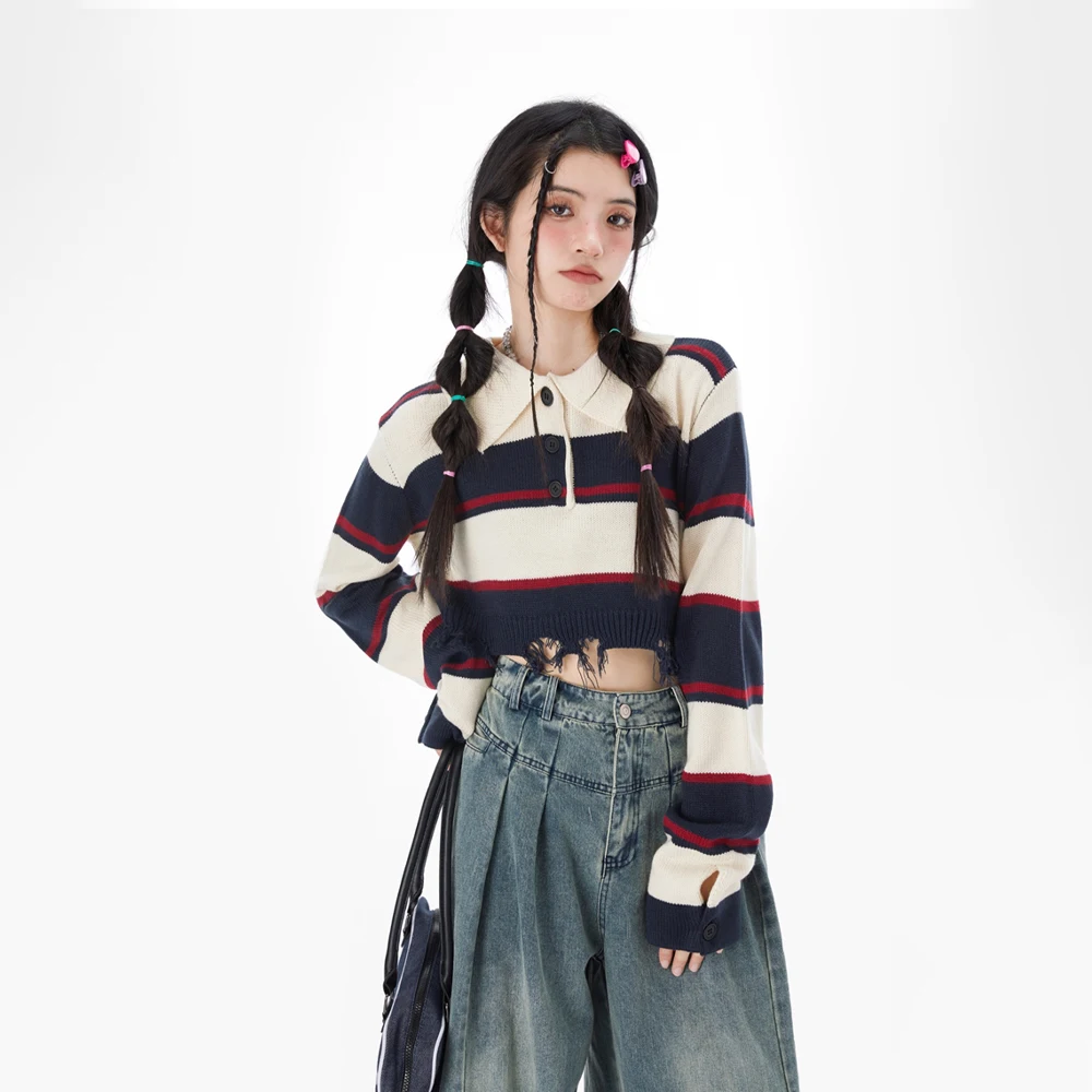 Striped Knitted Sweater Women's Autumn Loose Sweet Kawaii College Style Retro Lapel Crop Top Hit Color Design New