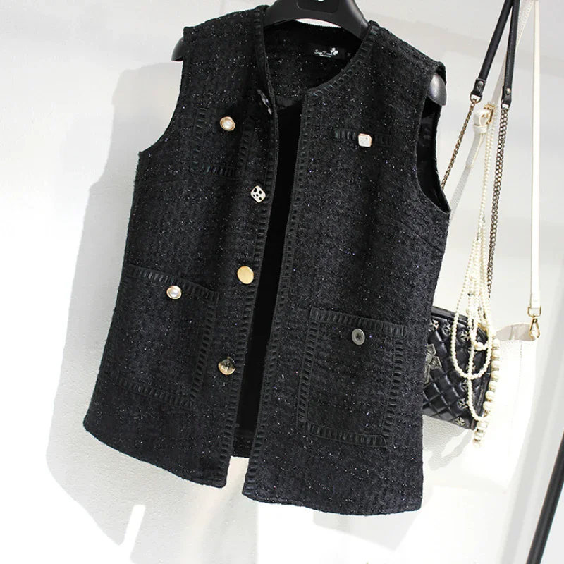 Autumn Winter 2025 V Neck Tweed Vest Women Vintage Elegant Loose Casual Sleeveless Jacket Tops French Style Chic Waistcoat