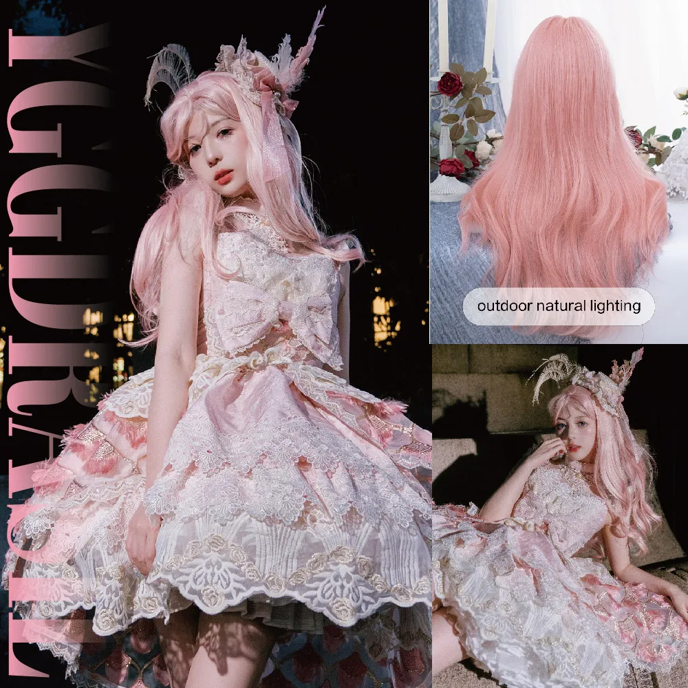 

26Inch Sakura Pink Lolita Synthetic Wigs Middle Part Long Natural Wavy Hair Wig For Women Daily Use Cosplay Party Heat Resistant