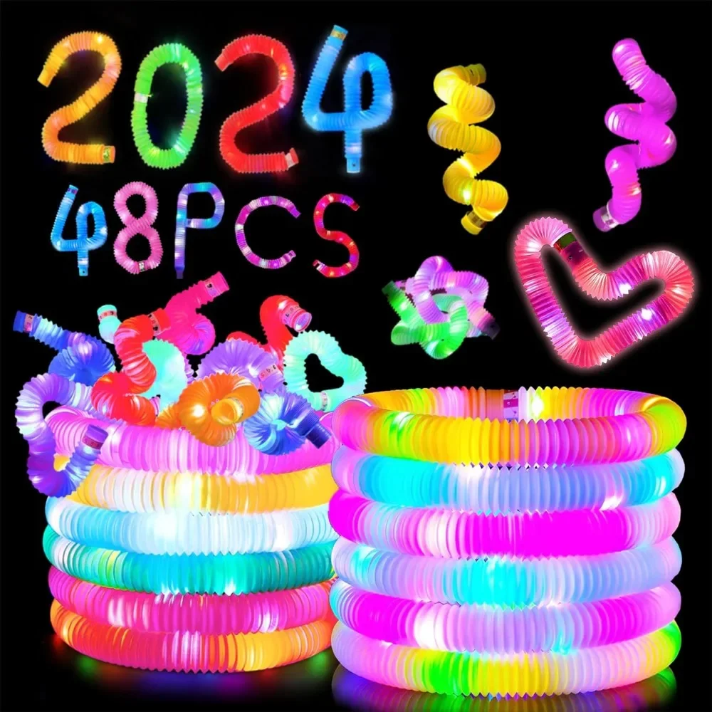 

96 packs of Light Up Pop Tubes, Glow in the Dark Party Supplies, Glow Sticks Toddler Sensory Toys, Birthday Party Light Sticks