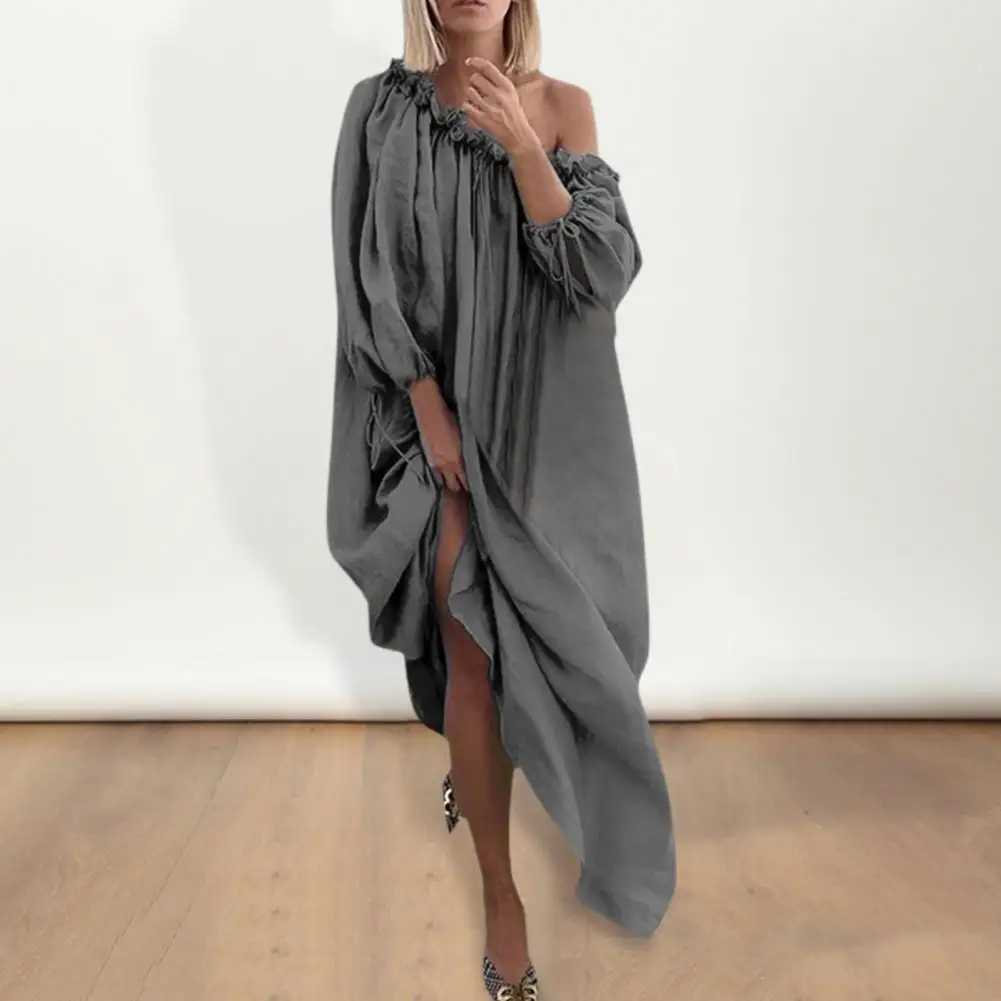 Women Dress Elegant Slant Neck Maxi Dress with Lantern Sleeves Pleated Details for Women Vacation Beach Robe for A Stylish Look