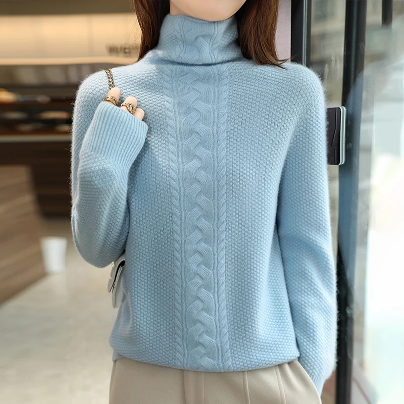 100% Wool Womens Sweaters Winter Twist Knitted Jumper Pullover Top Knitwear High-collar Sweater Female 2024