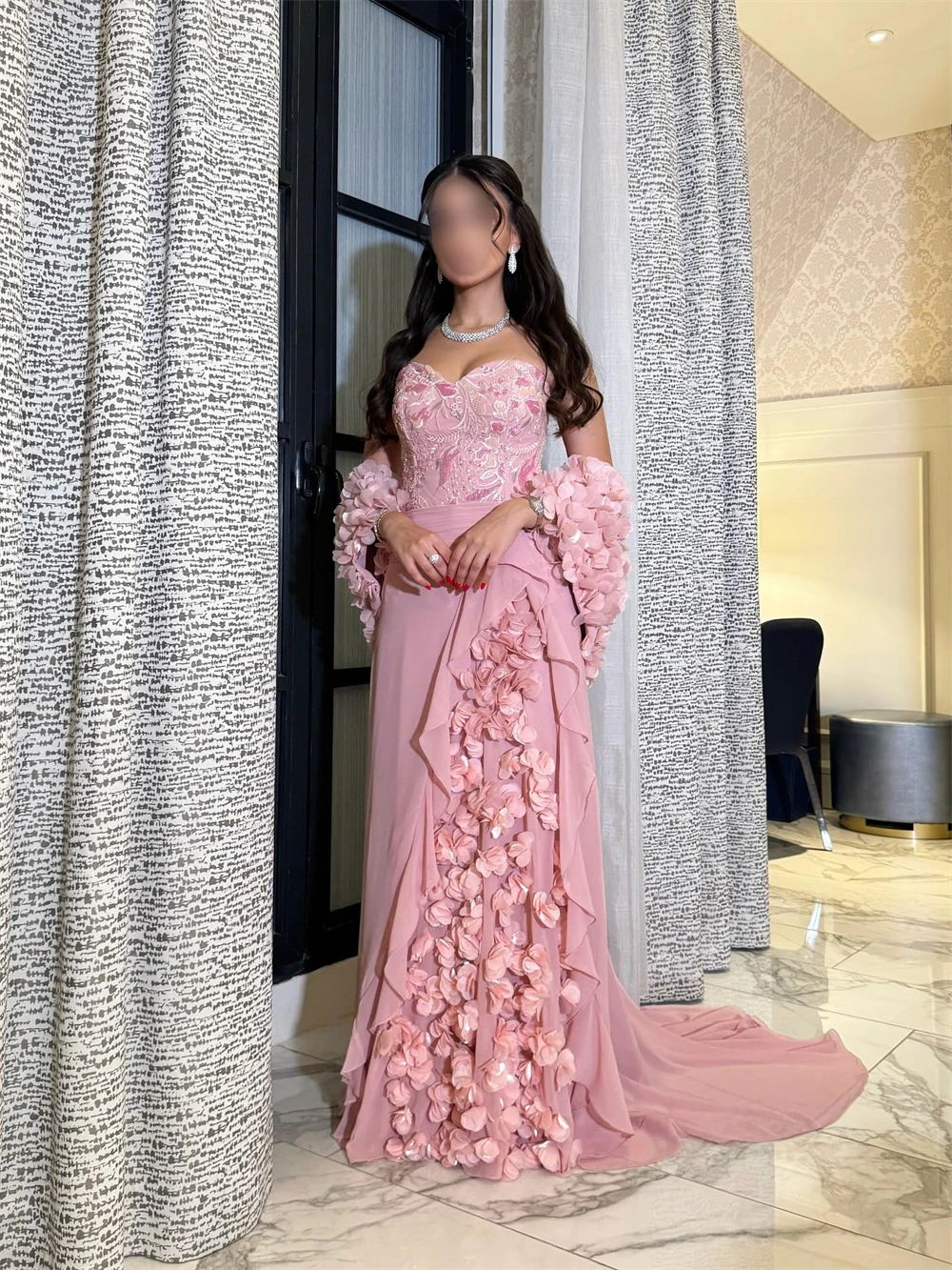 

Customized Classic Pink Chiffon Evening Dress Formal Sweetheart Sleeveless Celebrity Gowns Classic Straight Appliques Prom Dress