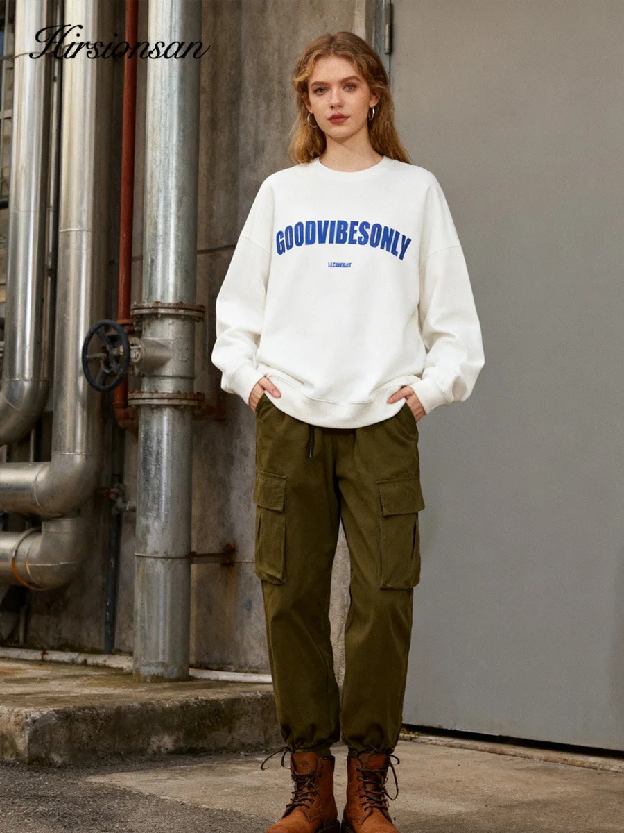 

Hirsionsan O-Neck Fleece "GOODVIBESONLY" Colourful Letter INS Sweatshirt Women 2025 Fall New Arrival