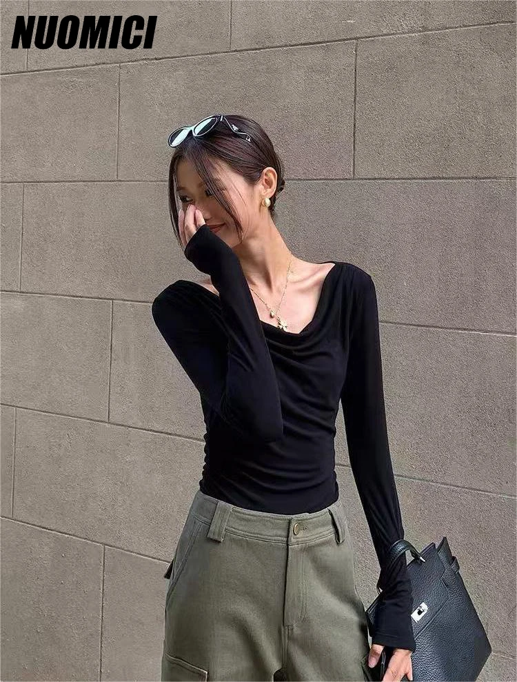 

NUOMICI Autumn Irregular Black Long Sleeve T-shirt Women Off-shoulder Sexy Bottoming Shirt Tops Slim Short Female Clothing Chic