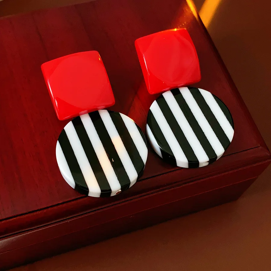Women's Geometric Square Black White Striped Drop Earrings