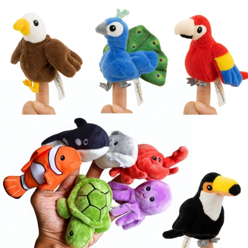 Plush Finger Puppet Marine Animals Shark Tortoise Mini Plushie Parrot Flamingo Peacock Eagle Birds Interactive Prop Tell Story