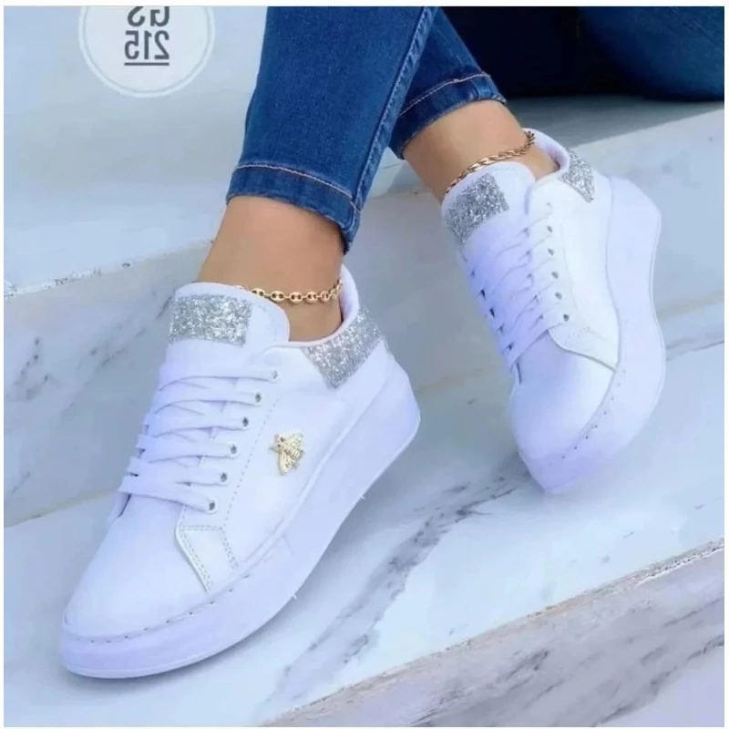 Sapatilhas brancas impermeáveis para mulher, versão coreana, com renda, casual, sapatos esportivos planos, vulcanizado, feminino, 35-43, outono