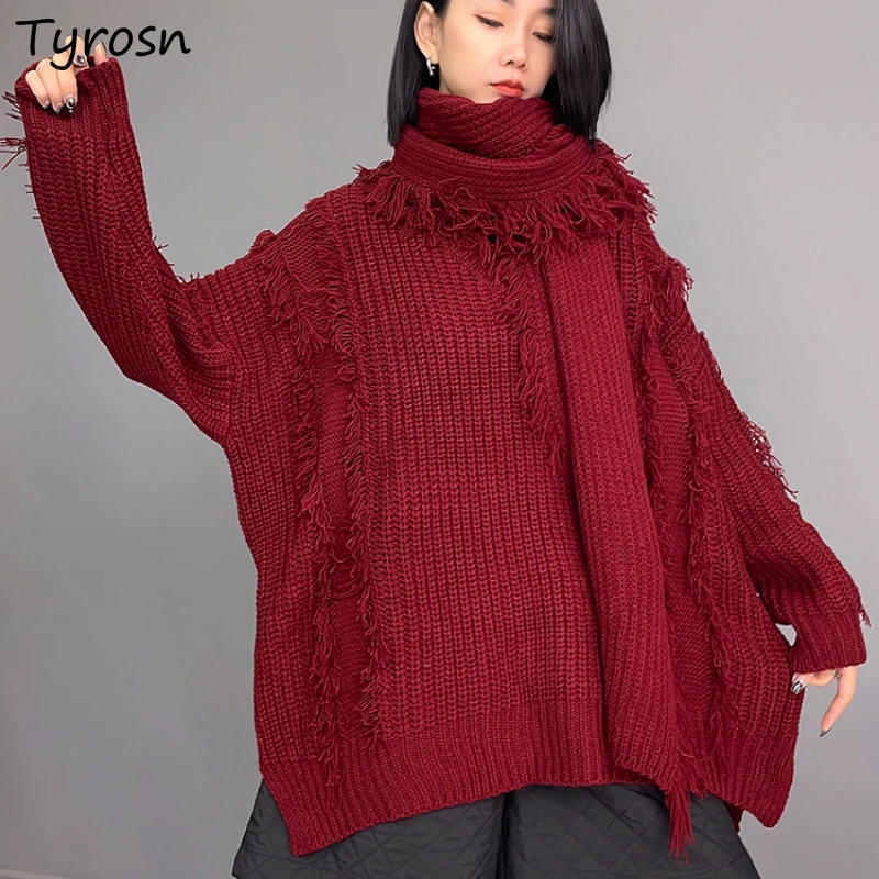 

2pcs Solid Pullovers Women+scarf Warm Tassel Sweaters Fashion Loose Korean Style Autumn Winter Female Simple All-match Leisure