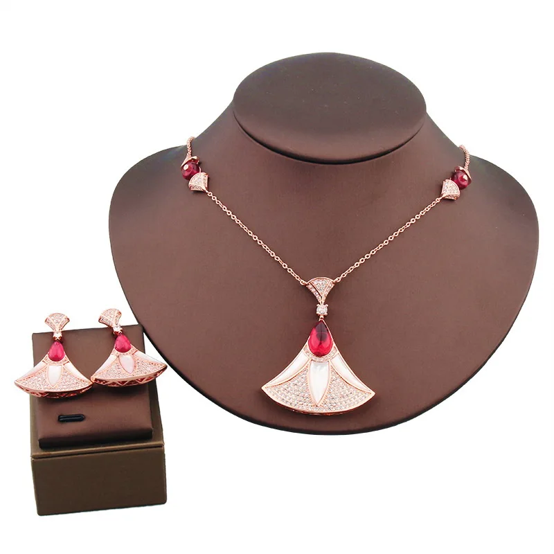 Designer Fashion Style Necklace Earrings Women Lady Inlay Cubic Zircon Synthetic Carnelian Fan-shaped Pendant Jewelrt Sets