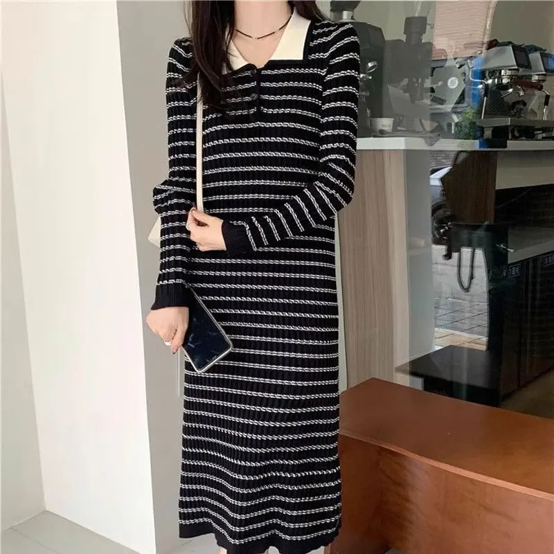 

Vintage Polo-Neck Knitted Midi Dress Fashion Button Female Clothing Korean A-Line Waist Autumn Winter Basic Long Sleeve Dresses