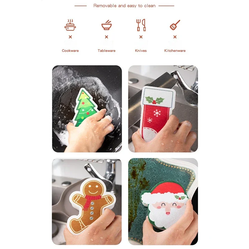 Christmas Cleaning Sponge Household Scouring Pad Kitchen Wipe Dishwashing Sponge Cloth Dish Cleaning Towels Accessory Clean Tool