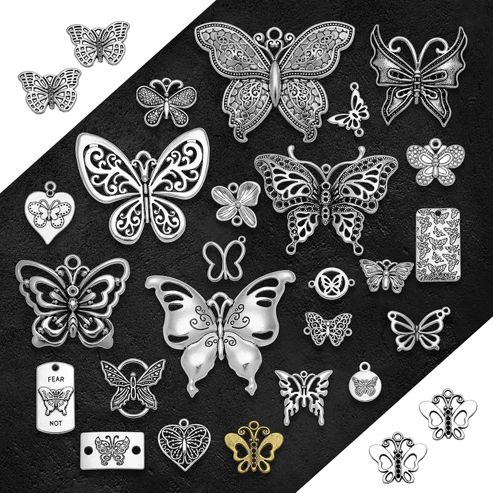 Antique Silver Plated Butterfly Charms Insect Connector Pendants For Diy Bracelets Jewelry Making Findings Supplies Accessories