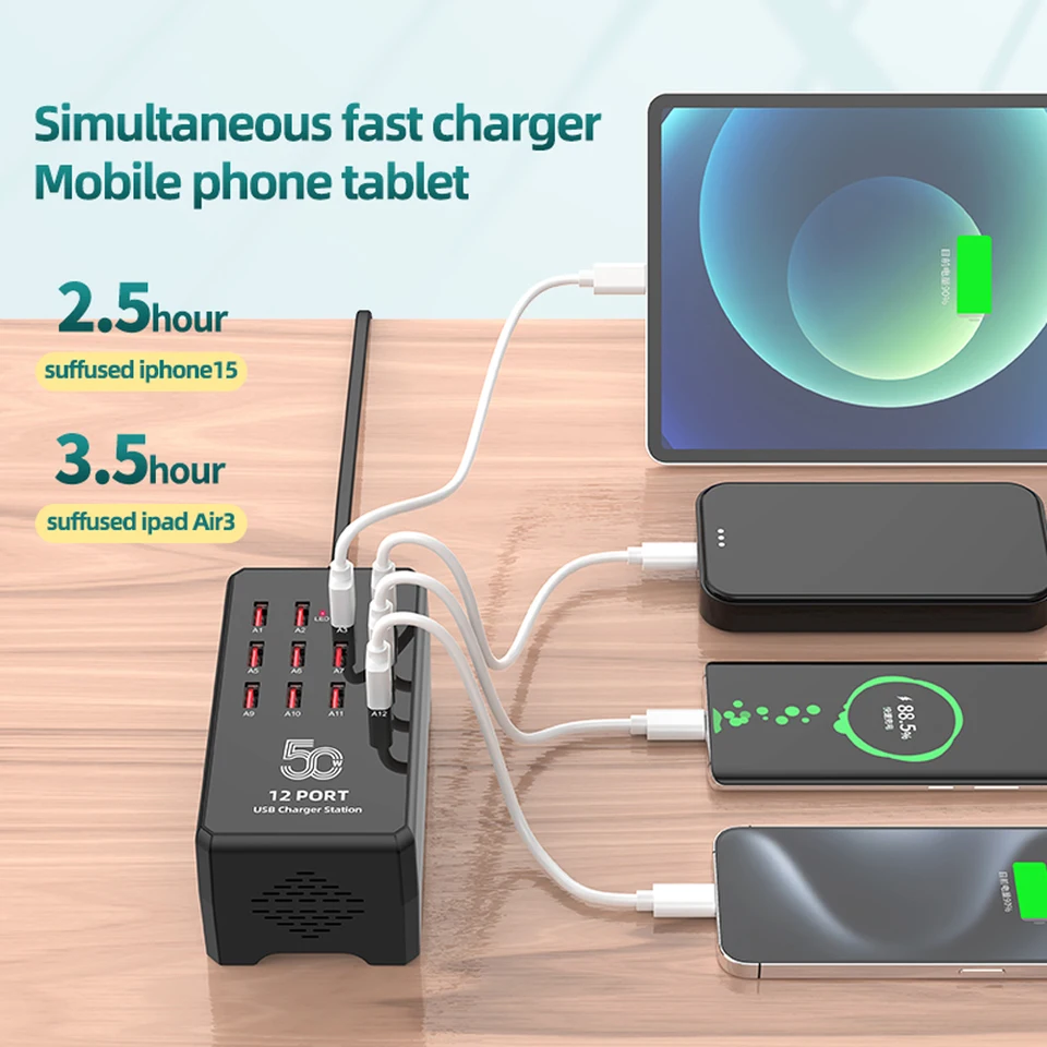 Cargador USB de 12/30 puertos, estación de carga rápida universal de pared y escritorio para teléfonos móviles, adaptador de corriente 3