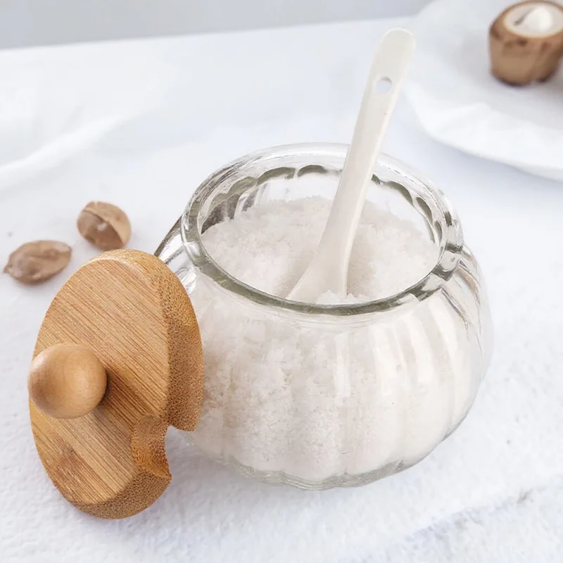 

Clear Glass Pumpkin Spice Bottle Sugar Salt Dispenser Jar with Spoon Condiment Container Seasoning Storage Kitchen Essential