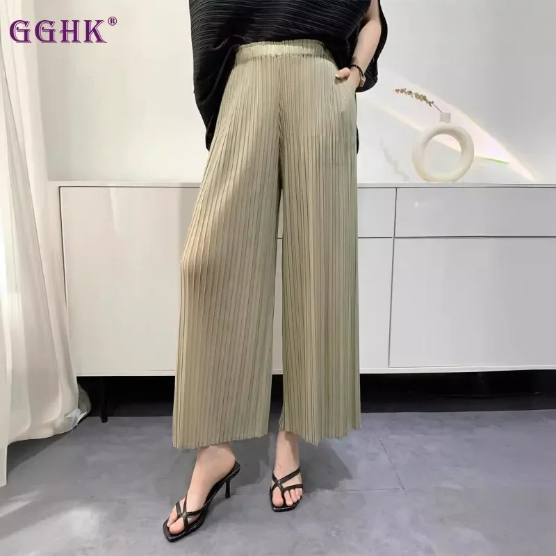 

GGHK 2024 Autumn New Pleated Women Straight Leg Wide Leg Pants Solid Color High Waist Comfortable Casual Peplum Female Pants