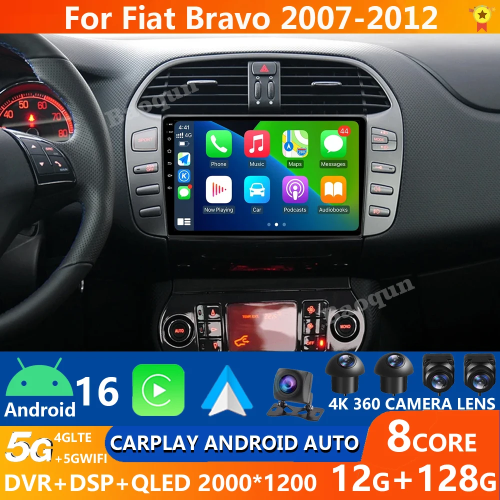 Android 16 car radio For Fiat Bravo 198 2 II 2007 -2014 auto Multimedia GPS Video Autoradio Navigation Stereo Radio 5G DVD BT 4G