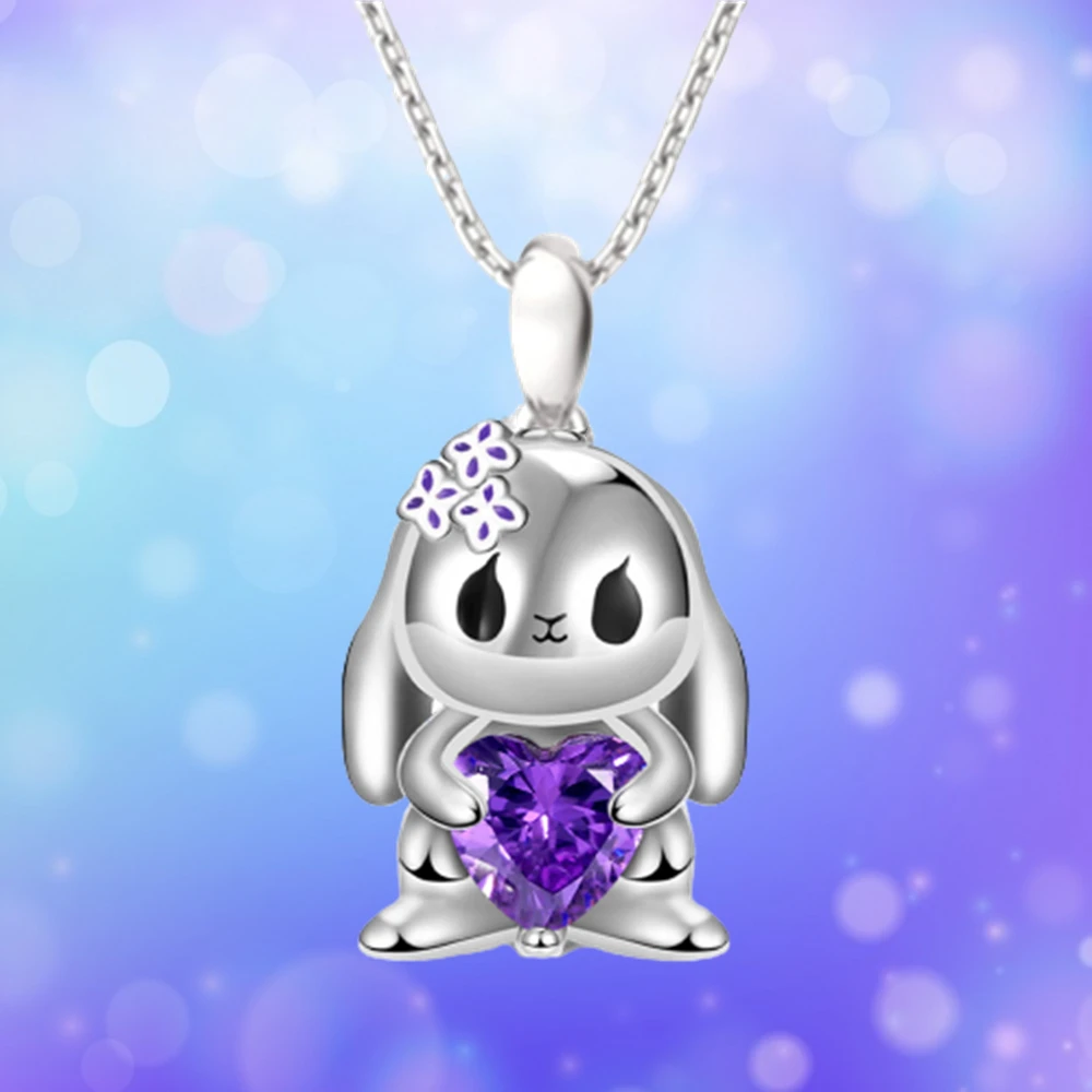 Exquisite Heart-shaped Purple Crystal Bunny Pendant Necklace for Girl Cute Cartoon Rabbit Necklace Jewelry Fashion Birthday Gift