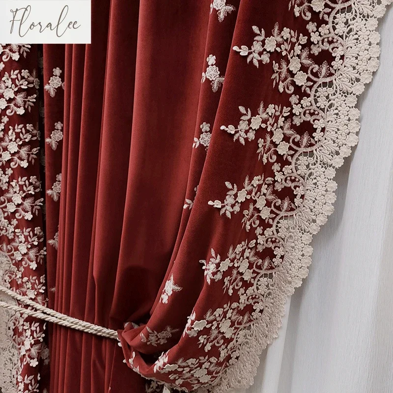 

French Velvet Retro Curtains for Bedroom Living Room Villa Red Lace Embroidered Flanne Blackout Curtains High-end Customizable