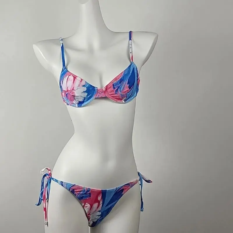 

Hot Girl Women's Lace up Swimsuits Printed Underwired Bikini Two-piece Set Swimsuit Sexy Beachwear Bikini Triangle Bathing Suits